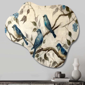 Four Vintage Blue Birds On A Branch III - Asymmetric Metal Wall Art